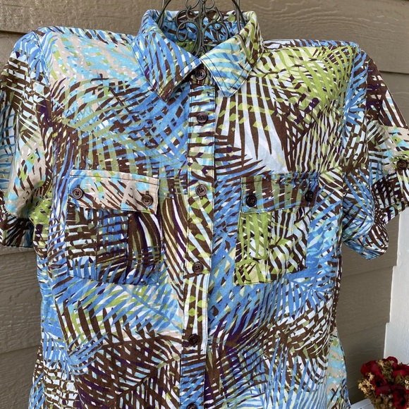 Liz Claiborne Shirt 1X Green Brown Tropical Palm Tree Leaf Hawaii Button - Picture 2 of 12